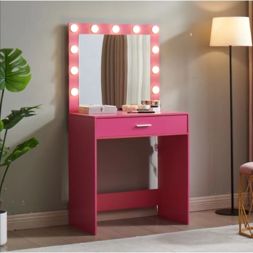 Vanity Desk with Mirror and Lights, Dressing Table with Large Drawer, 1 Level Storage Dresser & 3 Lighting Modes Adjustable Brightness, Suitable for Bedroom(Pink) - Particle Board - 3-Light