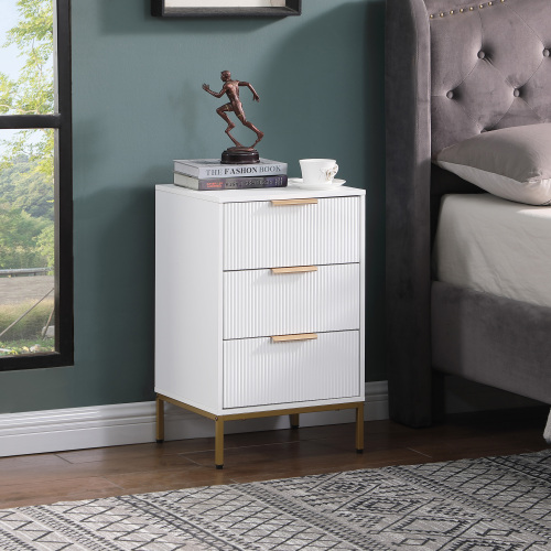 Nightstand with 3 Drawers,Mid-Century Modern End Table,Bedside Table, Gold Metal Legs,Gold Metal Handles,Wavy Drawer PanelsEnd Table for Bedroom White - Particle Board - Not Specified - Not Specified