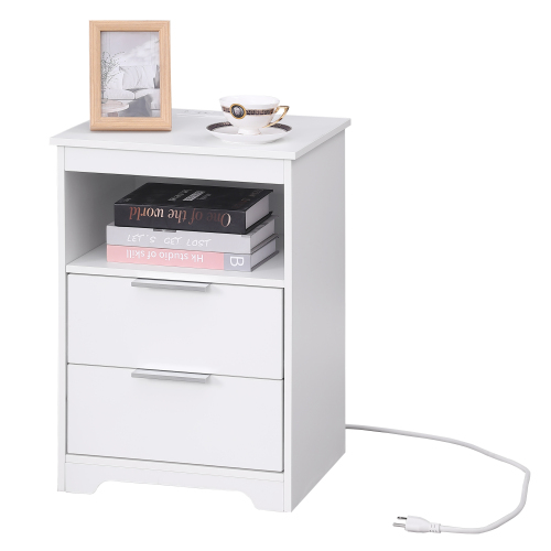 Nightstand with Charging Station,End Table with 2 Drawers,Wooden End Table with Drawer and Opening Shelf,Side Table for Bedroom, White - 2 Drawers White - Particle Board
