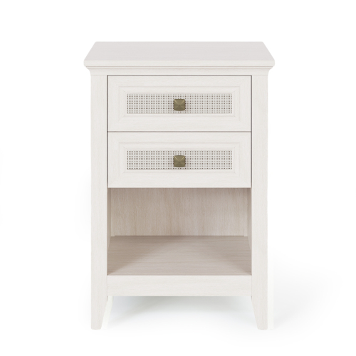 Farmhouse Nightstand, Boho Bedside Table with 2 Rattan Decor Drawers, Accent End Table with Open Storage Shelf, Wood Bedside Unit for Bedroom, Living Room, Home Office, Grayish White - Particle Board+MDF - MDF - 2 Drawers - Easy Assembly - Rectangle - Lacquer