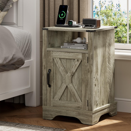 Farmhouse End Table with Charging Station Wooden Rustic Nightstands with Storage Cabinet and Shelf for Bedroom, Living Room, Living Room, Warm Grey - Particle Board+MDF - USB Port - Pedestal - Gray - Not Specified - Not Specified