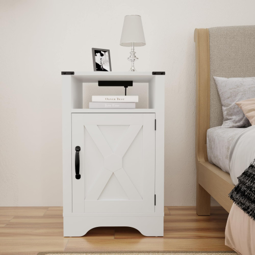 Farmhouse Nightstand with Charging Station Wooden Rustic End Table for Bedroom, Living Room, 16" D x 16" W x 25" H(Set of 1), White - Particle Board+MDF - USB Port - Pedestal - MDF - Lacquer