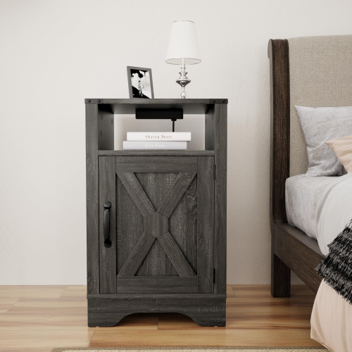 Farmhouse Nightstand with Charging Station Wooden Rustic End Table for Bedroom, Living Room, 16" D x 16" W x 25" H(Set of 1), Dark Grey - Particle Board+MDF - USB Port - Pedestal - Gray - Not Specified - Lacquer
