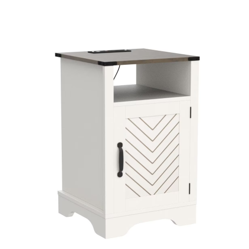 Farmhouse Nightstand with Charging Station Wooden End Table for Bedroom, Living Room, 16" D x 16" W x 25" H(Set of 1), White and Rustic Oak - White Oak - Particle Board+MDF - USB Port - Pedestal - Not Specified - Lacquer
