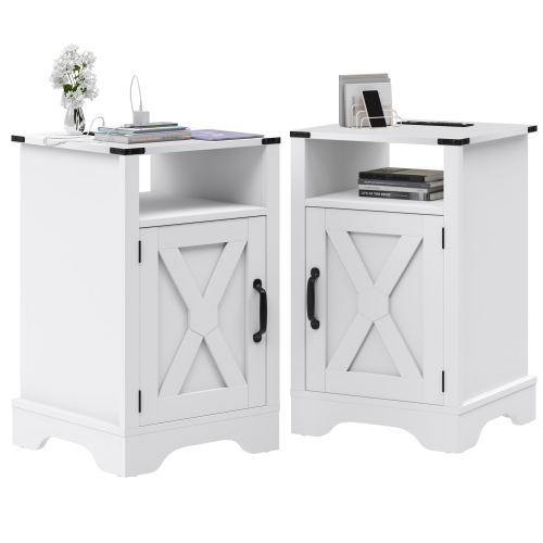 Farmhouse End Table with Charging Station Set of 2, Rustic Night Stand with Storage Cabinet and Shelf, Tall Wooden Bedside Table for Bedroom, Living Room, White - Particle Board+MDF - USB Port - Pedestal - Not Specified - Not Specified