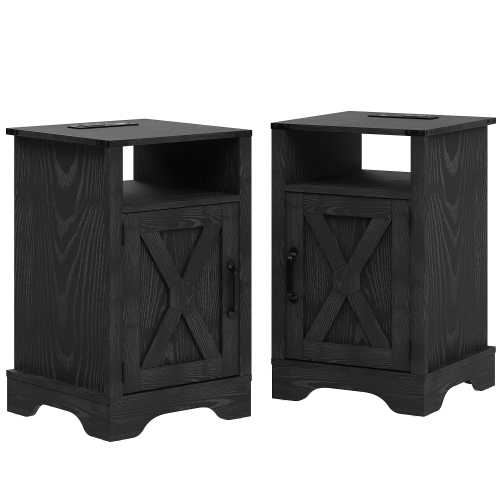 Farmhouse End Table with Charging Station Set of 2, Rustic Night Stand with Storage Cabinet and Shelf, Tall Wooden Bedside Table for Bedroom, Living Room, Black - Particle Board+MDF - USB Port - Pedestal - White - Not Specified - Not Specified