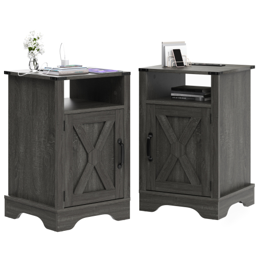 Farmhouse End Table Set of 2 with Charging Station for Bedroom - Dark Gray - Particle Board+MDF - USB Port - Pedestal - White - Not Specified - Not Specified