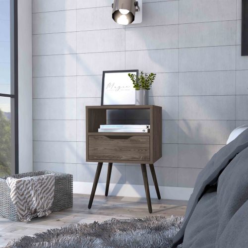 Allie Nightstand, Superior Top, Open Shelf, One Drawer - Engineered Wood - Engineered Wood - Melamine - Modern - 1 Drawer - Shelving - With Legs - Pine - Bedroom