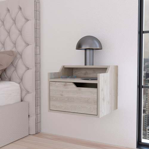 Light Gray Dual-Shelf Display Nightstand - Wood - 1 Drawer - Easy Assembly - Floating - Not Specified
