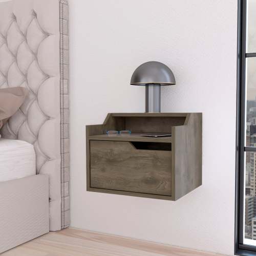 Dark Brown Dual-Shelf Display Floating Nightstand - Wood - 1 Drawer - Easy Assembly - Bedroom