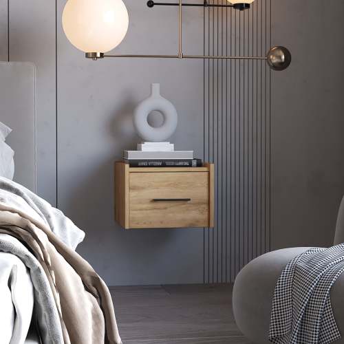 Macadamia Wall-Mounted Floating Nightstand - Natural - Wood - 1 Drawer - Space Saving - Bedroom - Not Specified - Not Specified