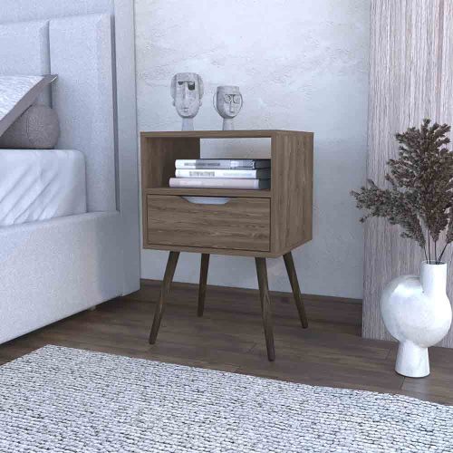 Nightstand  Fugaz, Open Shelf, Single Drawer, Dark Walnut Finish - Particle Board
