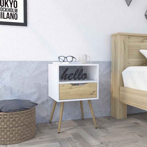 Nightstand Fugaz, Open Shelf, Single Drawer, White / Light Oak Finish - Particle Board