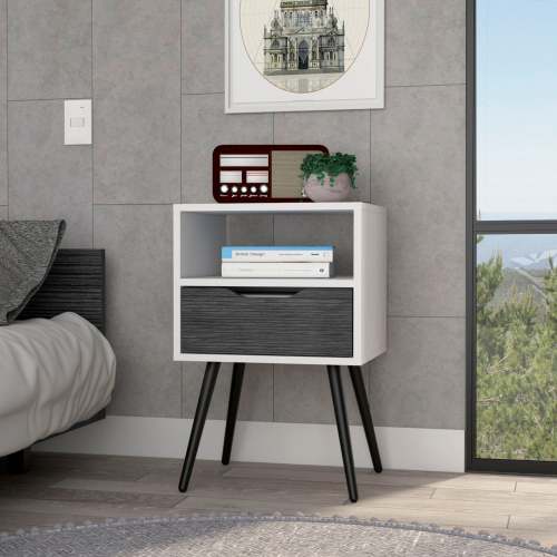 Nightstand 25"H, Superior Top, Four Legs, One Open Shelf, One Drawer, Smokey Oak / White - Multicolor - Particle Board - Particle Board