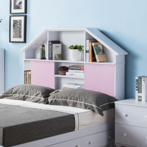 Full Size Bookcase headboard free standing tall storage two sliding pink doors with seven cubby shelves white - Particle Board+MDF