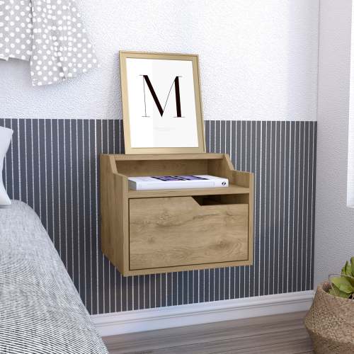 Busan Modern Floating Nightstand , End Table, Side Table Single-Drawer Design with Sleek Two-Tiered Top Shelf Surfaces - Beige - Particle Board - Particle Board