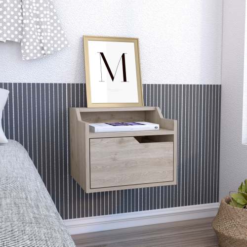 Busan Modern Floating Nightstand , End Table, Side Table Single-Drawer Design with Sleek Two-Tiered Top Shelf Surfaces- Light Grey - Bedroom - Gray - Particle Board - Particle Board