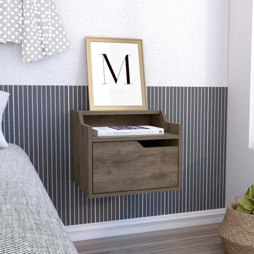 Busan Modern Floating Nightstand , End Table, Side Table Single-Drawer Design with Sleek Two-Tiered Top Shelf Surfaces- Dark Brown - Bedroom - Particle Board - Particle Board