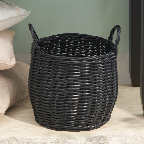 Lucius Round Resin Woven Wicker Basket with Handles - 13" x 13" x 10.2" - Black - For Clothes, Towels, Toys, Magazines Storage and Home Decoration - Not Specified - Not Specified