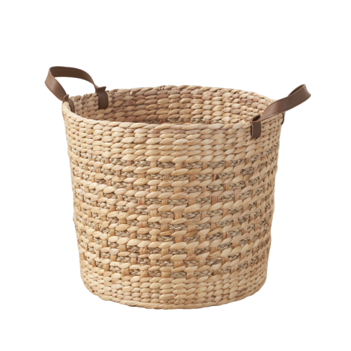 Water Hyacinth Woven Round Multi Use 16" Storage Basket - Natural Brown - Faux Leather,Water Hyacinth - Not Specified - Art Deco,Farmhouse,Rustic - Not Specified