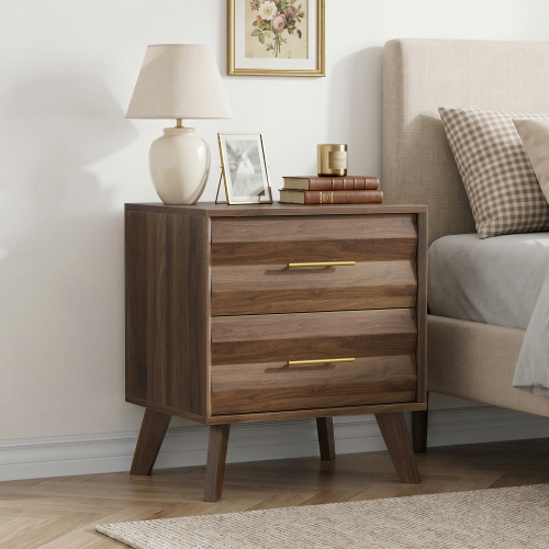 Walnut-colored double drawer bedside table, medieval-style modern bedroom bedside storage cabinet, bedside table with metal handles, Single Unit - Particle Board+MDF - American Design,Farmhouse,Mid-Century Modern,Minimalist,mix match - 2 Drawers - Bedside Cabinet - Walnut Finish - Engineered Hardwood