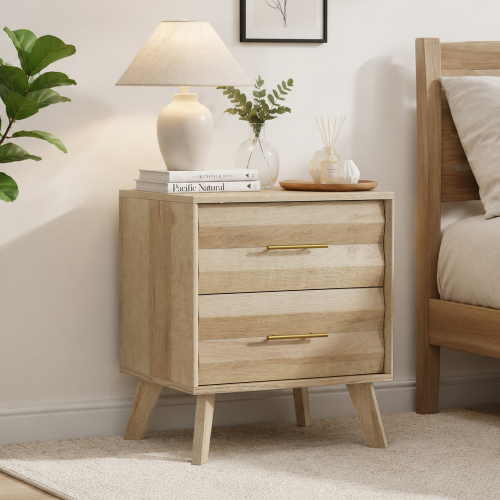 Oak-colored double drawer bedside table, medieval-style modern bedroom bedside storage cabinet, bedside table with metal handles, Single Unit - Particle Board+MDF - Art Deco,Farmhouse,Mid-Century Modern,Minimalist,mix match - 2 Drawers - Bedside Cabinet - Engineered Hardwood