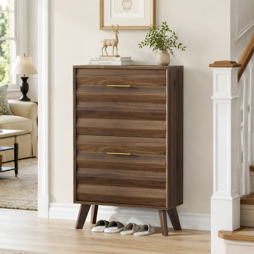 23.6-inch Walnut Wood Slim Flip-Top Shoe Cabinet, Mid-century Modern Freestanding Shoe Cabinet, Home Entryway Double Flip-Top Door Large Capacity Narrow Style Shoe Rack - Particle Board+MDF - Art Deco,Farmhouse,Mid-Century Modern,mix match,Retro - 1-2 Spaces - Adjustable Shelves - Primary Living Space - Natural - Engineered Hardwood - Nature