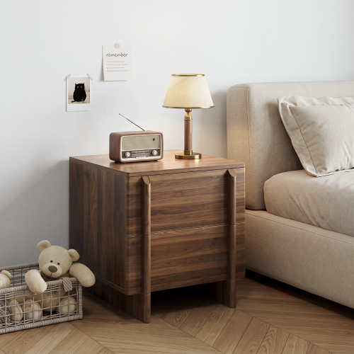 Minimalist walnut-colored nightstand, two-drawer bedside storage cabinet with rounded corners; suitable for bedrooms, living rooms, and corner spaces. - MDF - 2 Drawers - Drawers - Bedside Cabinet - Engineered Hardwood - Not Specified - Not Specified