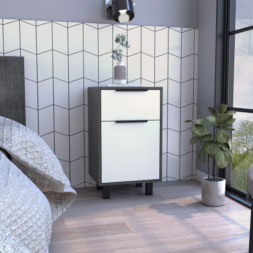 Kaia Z Nightstand , End Table, Side Table One Drawer, One Cabinet, Four Legs, Superior Top -Smokey Oak / White - Multicolor - Particle Board - Particle Board