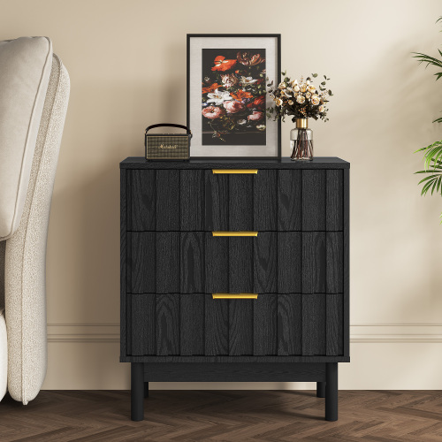 3 Drawer Dresser with Fluted Panel Design, Modern Wood Chest of Drawers with Chic Edge Pull, Large Nightstand Side Table, Wood Storage Organizer for Bedroom, Living Room, Entryway, Black - Particle Board+MDF - MDF - 3 Drawers - Easy Assembly - Bedside Cabinet - Lacquer