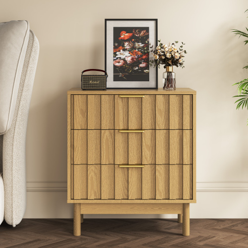 3 Drawer Dresser with Fluted Panel Design, Modern Wood Chest of Drawers with Chic Edge Pull, Large Nightstand Side Table, Wood Storage Organizer for Bedroom, Living Room, Natural - Particle Board+MDF - MDF - 3 Drawers - Easy Assembly - Bedside Cabinet - Lacquer