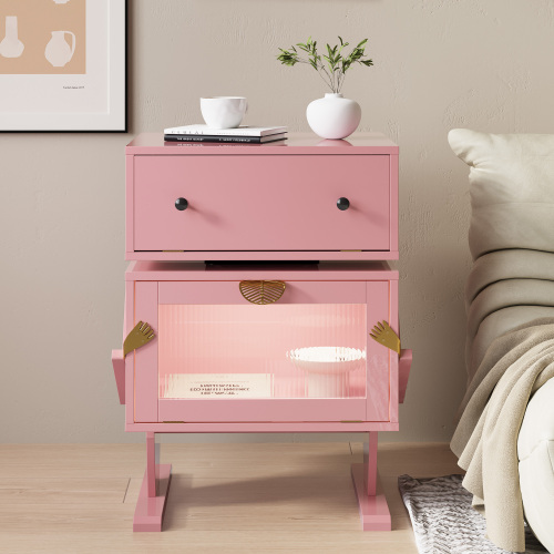 Nightstand with LED Light Strips, Modern End Table with 360° Rotating Drawer, Bedside Table with Glass Door Storage, Wood Night Stand Cabinet for Living Room, Bedroom, Pink - MDF - 1 Drawer