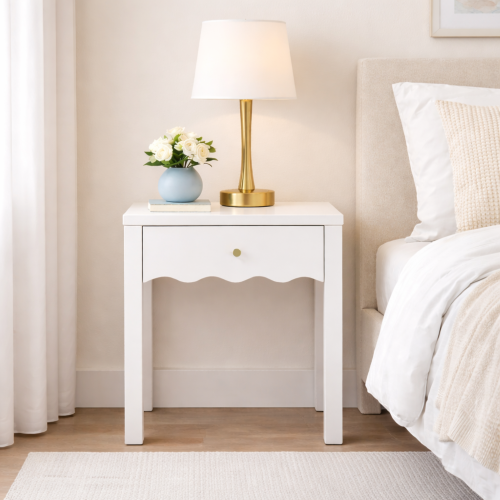 White Nightstand with Drawer, Modern Bedside Table with Wavy Apron Design, Compact End Table for Bedroom Living Room, Small Side Table with Storage - MDF - 1 Drawer - Drawers - Not Specified - Not Specified