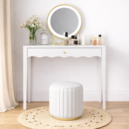 White 35.43" Vanity Desk with Drawer – Modern Makeup Table with Scalloped Front & Gold Knob, Compact Writing Desk with 4 Sturdy Legs for Bedroom, Small Home Office & Apartment Spaces - MDF - 1 Drawer - Not Specified - Not Specified - Ball Bearing Glides