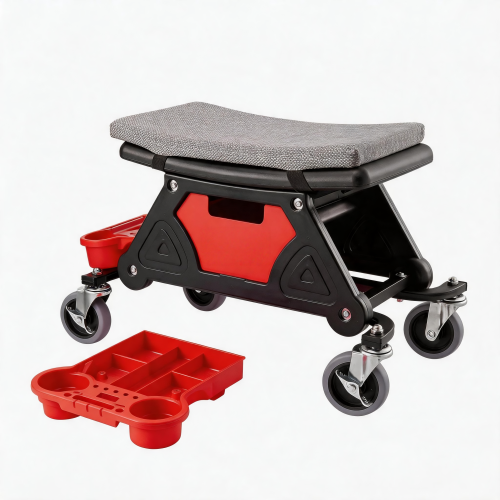 Rolling Mechanic Stool with Cushioned Seat, Heavy Duty Auto Repair Rolling Seat with Detachable Tool Tray & 4 Swivel Casters, Garage Workshop Mechanics Rolling Chair for Car Repair - Red+Black - Iron