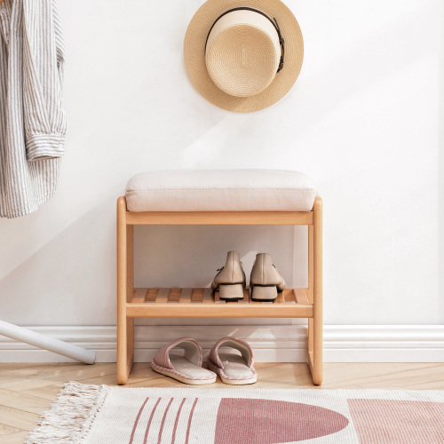 Natural Solid Wood Shoe Bench, Beech Wood Storage Rack Organizer with High Rebound Sponge Cushion - Upholstered - Upholstered - Not Specified - Not Specified - Primary Living Space - Shelves - Not Specified - Not Specified - Not Specified - Not Specified