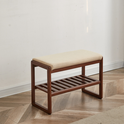 (Walnut Color) Solid Wood Shoe Bench, Beech Wood Storage Rack Organizer with High Rebound Sponge Cushion - Upholstered - Upholstered - Brown - Not Specified - Primary Living Space - Shelves - Not Specified - Not Specified - Not Specified - Not Specified