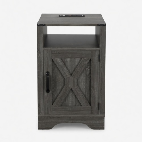 16" Dark Grey Farmhouse Nightstand w/ Charging Station & Storage - Metal & Wood - Engineered Wood - Metal & Wood