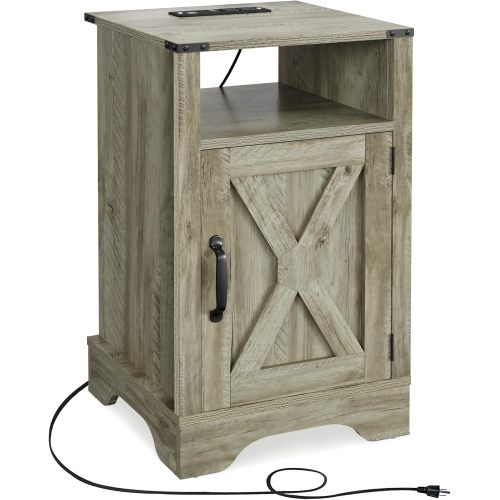 16" Light Grey Farmhouse Nightstand w/ Charging Station & Storage - Metal & Wood - Engineered Wood - Metal & Wood