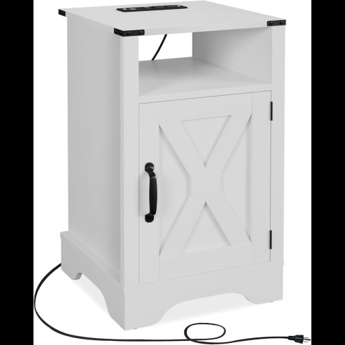 16" White Farmhouse Nightstand w/ Charging Station & Storage - Metal & Wood - Engineered Wood - Metal & Wood