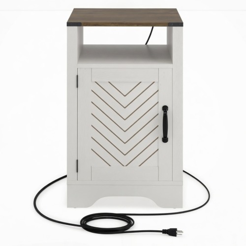 16" White & Rustic Oak Farmhouse Nightstand w/ Charging Station & Storage - Metal & Wood - Engineered Wood - Metal & Wood