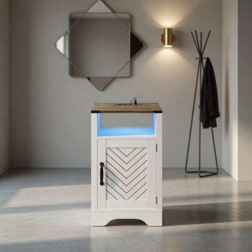 16" Wide White & Rustic Oak LED Nightstand with Charging Station & Storage - Metal & Wood - Engineered Wood - Metal & Wood