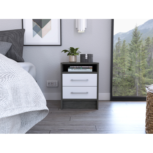 Philadelphia Nightstand, Two Drawers, Concealed Shelf - White - Particle Board - Melamine - Contemporary,Modern - 2 Drawers - Bedroom - Rectangle - Pine