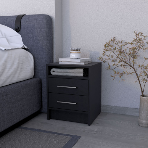 Philadelphia Nightstand, Two Drawers, Concealed Shelf - Black - Particle Board - Melamine - Modern - 2 Drawers - Storage - Bedroom - Not Specified - Not Specified