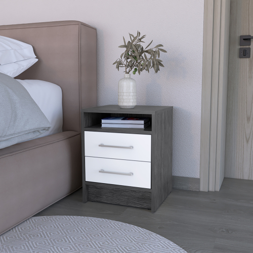 Nightstand Cartiz, Two Drawers, Smokey Oak / White Finish - Multicolor - Particle Board