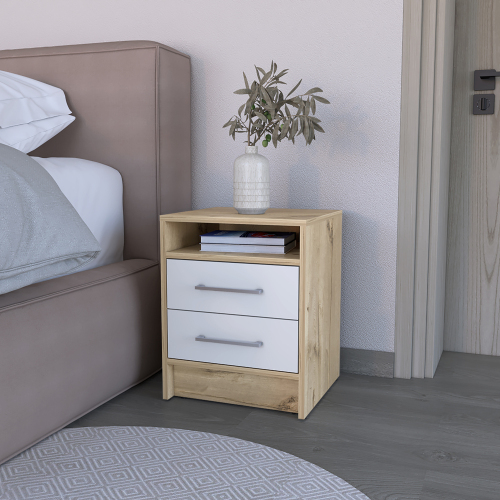 Nightstand Cartiz, Two Drawers, White / Light Oak Finish - Particle Board