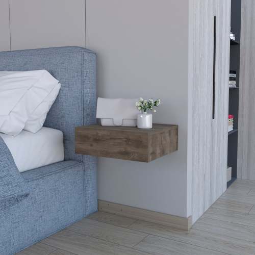 Dark Brown Wall-Mounted Floating Nightstand - Wood - 1 Drawer - Space Saving - Bedroom - Not Specified