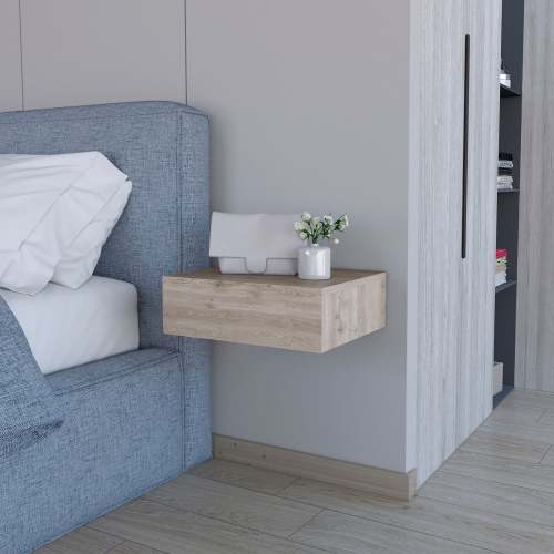 Light Gray Wall-Mounted Floating Nightstand - Wood - 1 Drawer - Space Saving - Bedroom - Not Specified