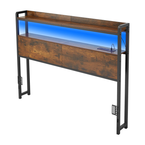Headboard for Full Size Bed, with 2 Storage Shelves, LED Light, 3 Outlets, and 3 USB Ports, Sturdy and Stable Carbon Steel Frame Head Board with Charging Station, Adjustable Height, Black - Brown - Iron
