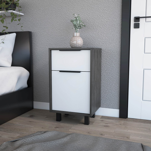 Nightstand Maryland Z, One Drawer, One Cabinet, Smokey Oak / White Finish - Multicolor - Particle Board